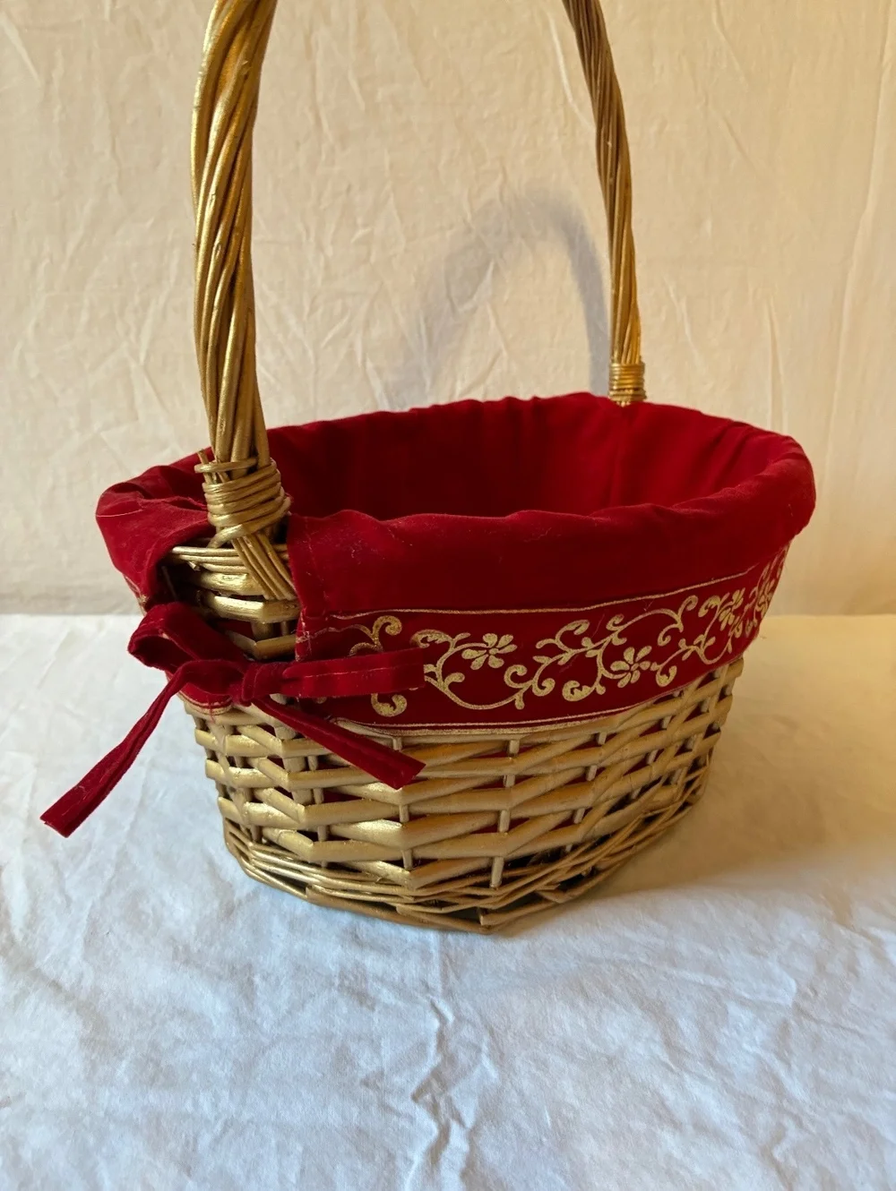 Wicker Basket with Red Velvet Lining and Embroidered Gold Design